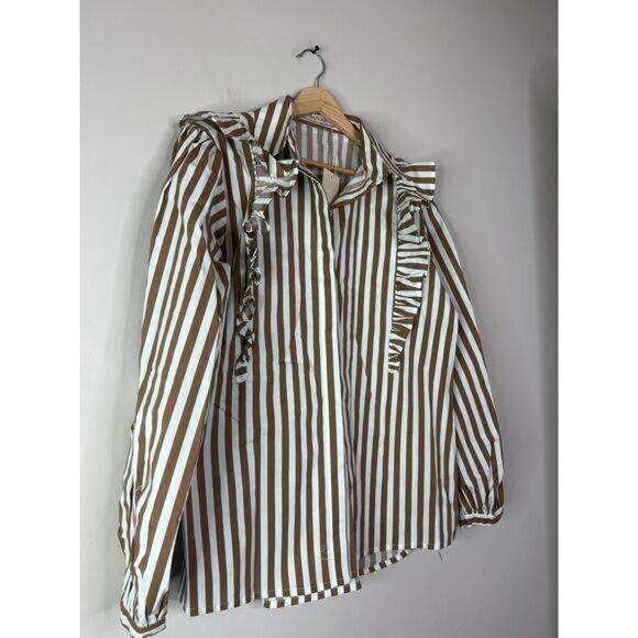 NWT The Femm Long Sleeve Brooke Stripe Ruffle Poplin Blouse Top Brown and Cream - Picture 3 of 7
